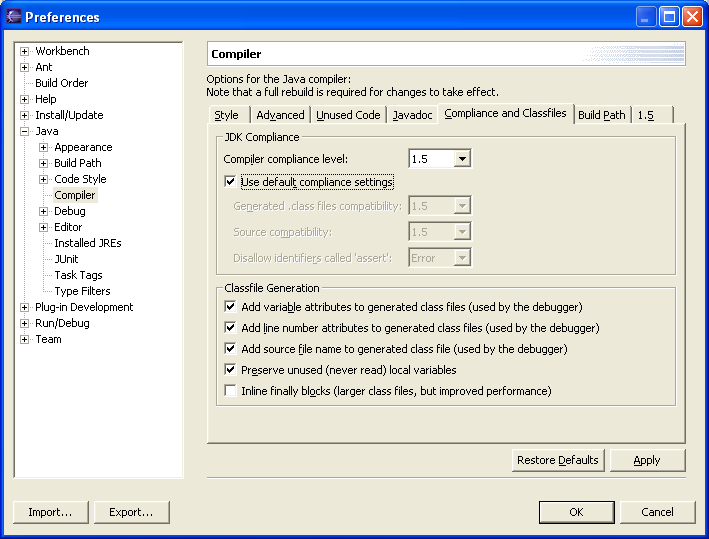 Preferences - Java compiler compliance level