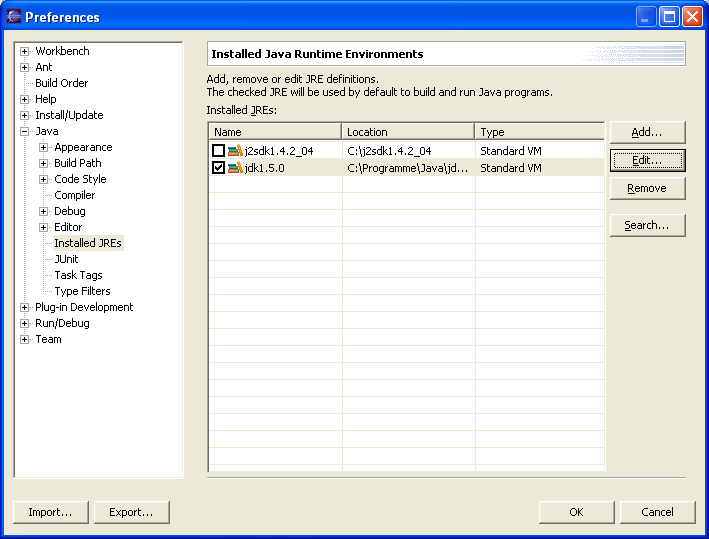 Preferences - Java installed JRE